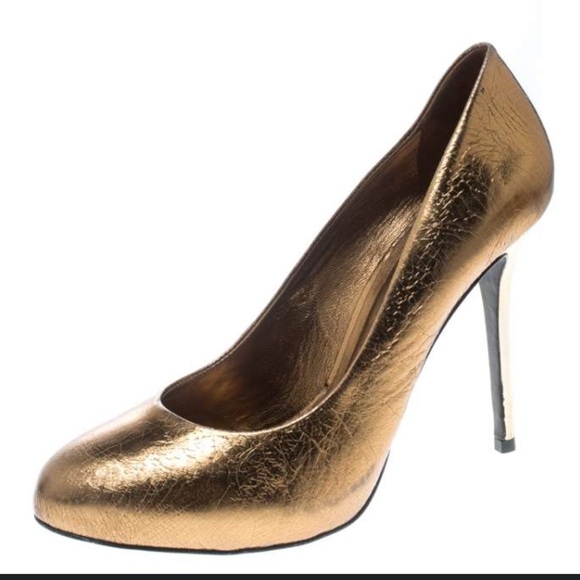 Tory Burch Bronze Crackle Leather Platform Pumps Heels Leather 4 1/4” 9 Jenna - Picture 3 of 6